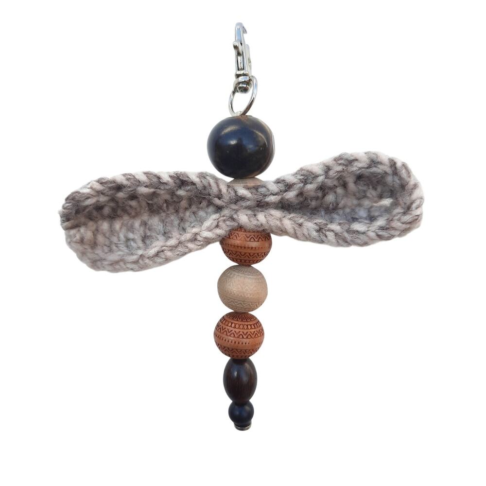 Crochet Winged Firefly Bag Charm Handmade Vintage Beaded Neutral Tones Keychain